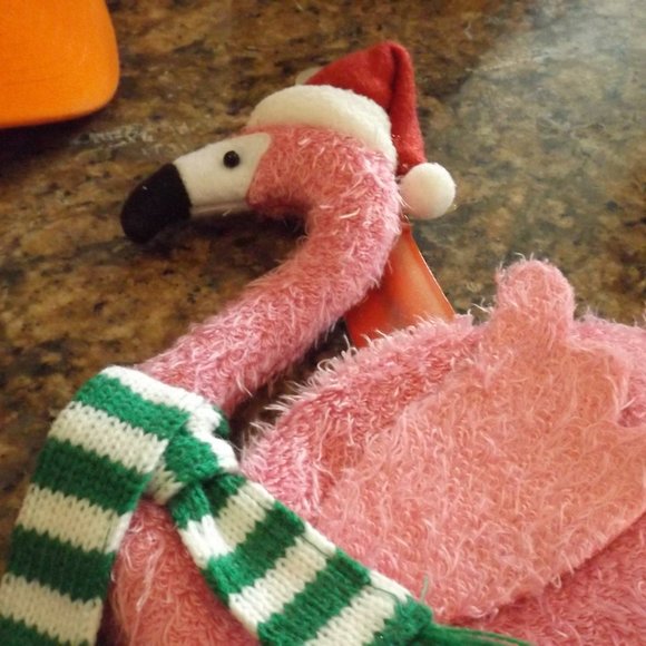 NWOT Santa Pink Flamingo Booze cover with red white stocking legs - Picture 2 of 4